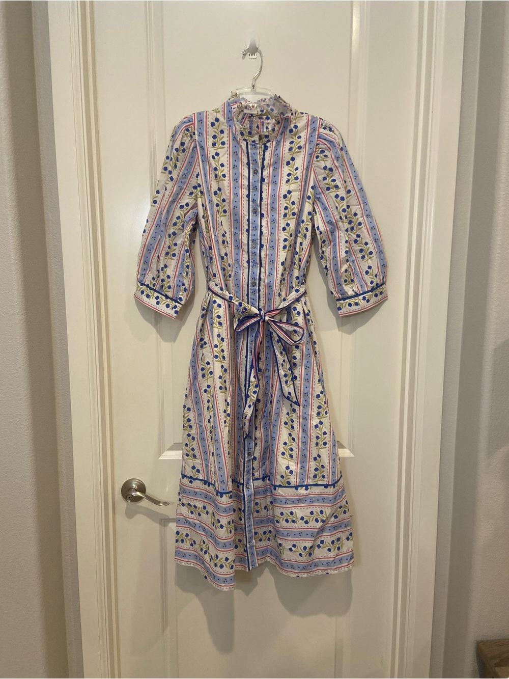 New Boho Cottagecore Blue Floral & Stripe Midi Shirt Dress with Bow tie waist - Picture 2 of 7